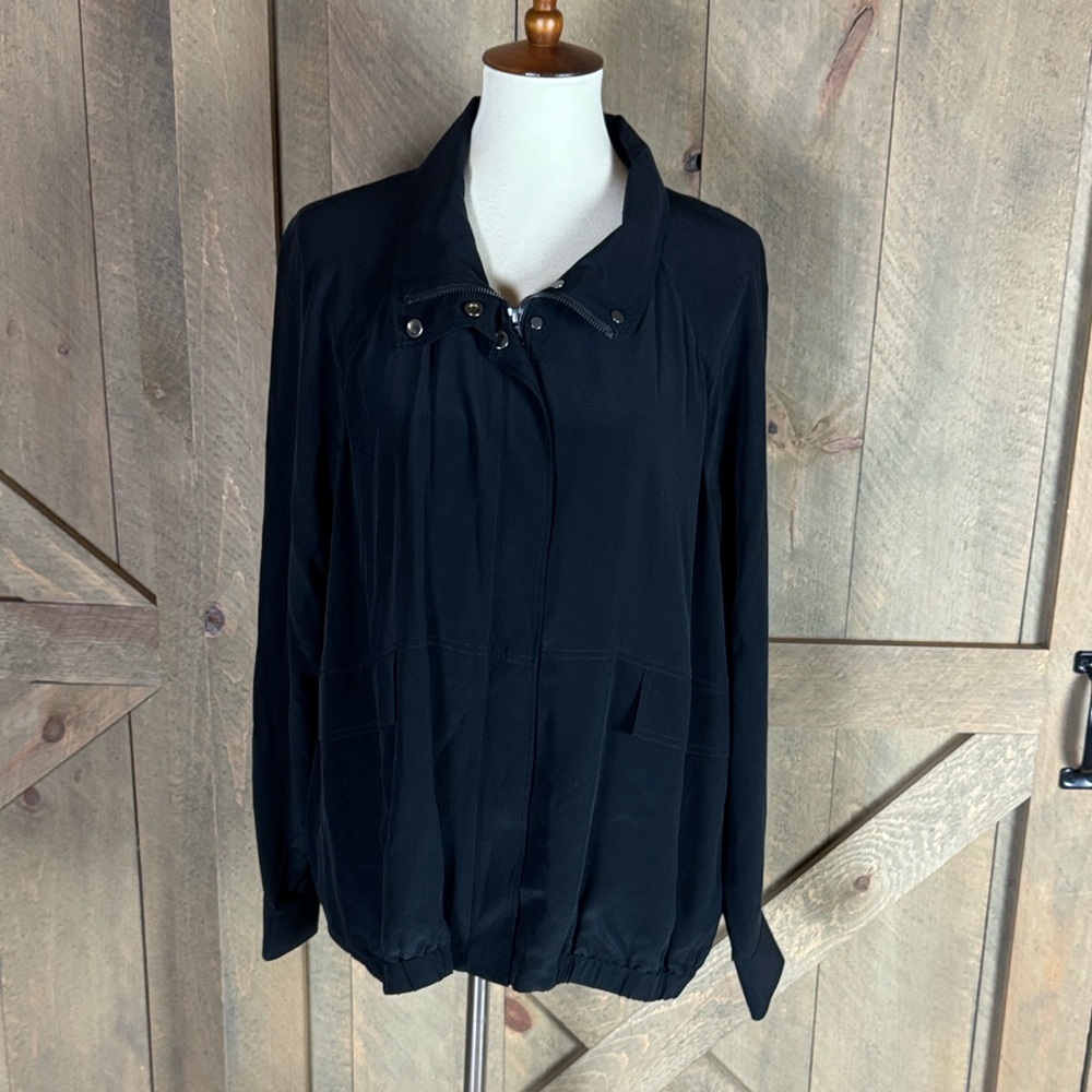 Eileen Fisher black crepe de chine silk bomber jacket Size XL - Picture 3 of 13